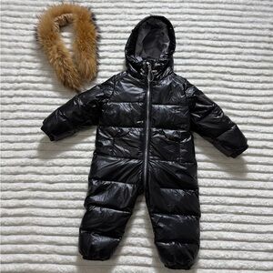 Black Quilted Baby & Toddler Snowsuit Hooded Removable Faux Fur Size 90
